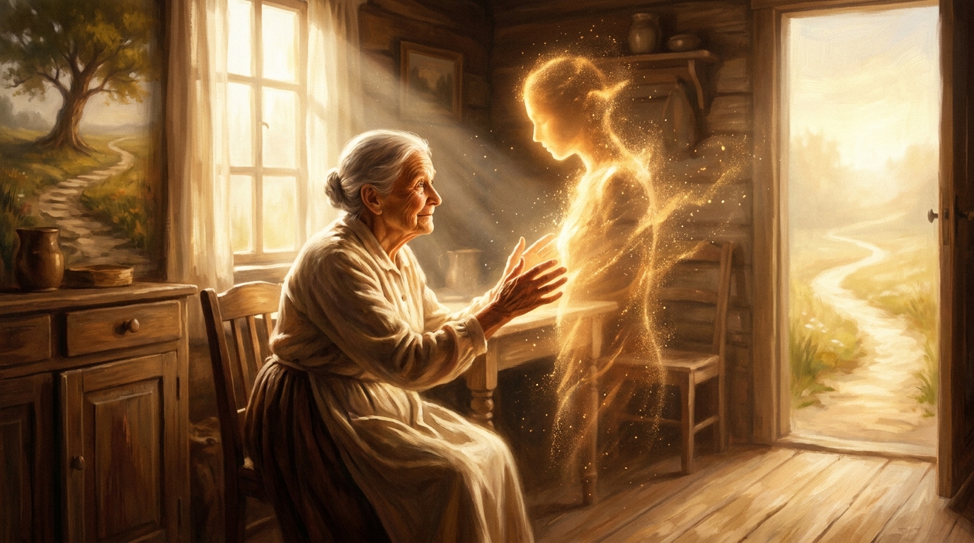 Painterly hero: a woman meets a presence forming from light